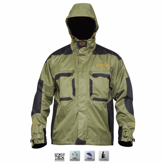 Neperšlampama striukė Norfin Peak Green apsaugo nuo vandens purslų, o jos spalva puikiai maskuoja nuo akylų žuvų žvilgsnių