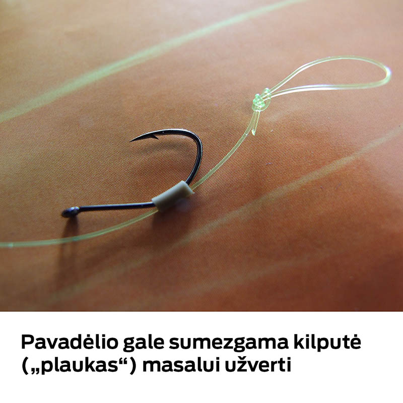 Pavadėlio gale sumezgama kilputė („plaukas“) masalui užverti Sistemos montavimas