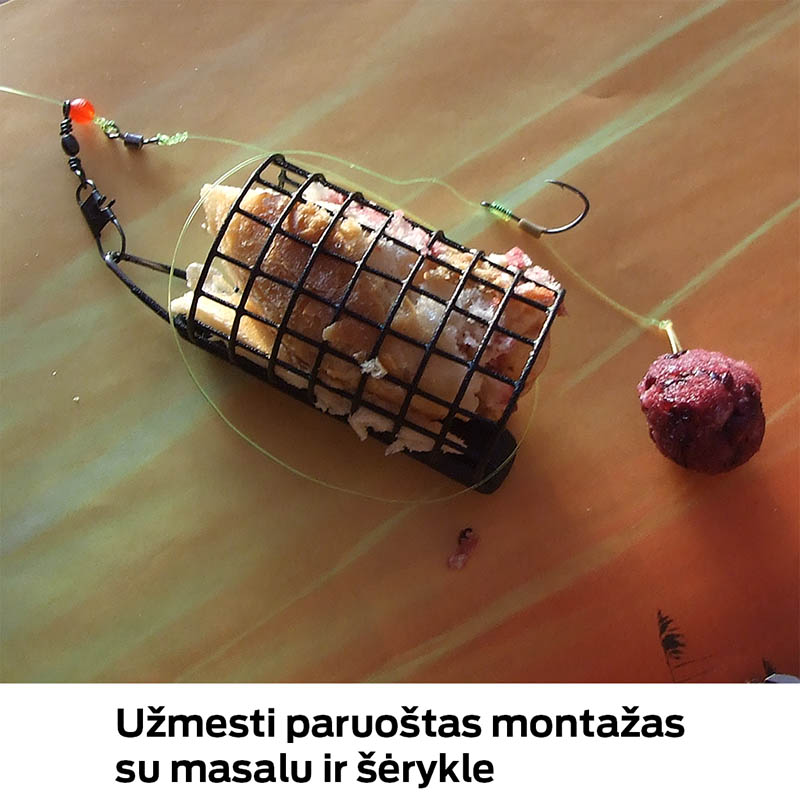 Užmesti paruoštas montažas su masalu ir šėrykle Sistemos montavimas